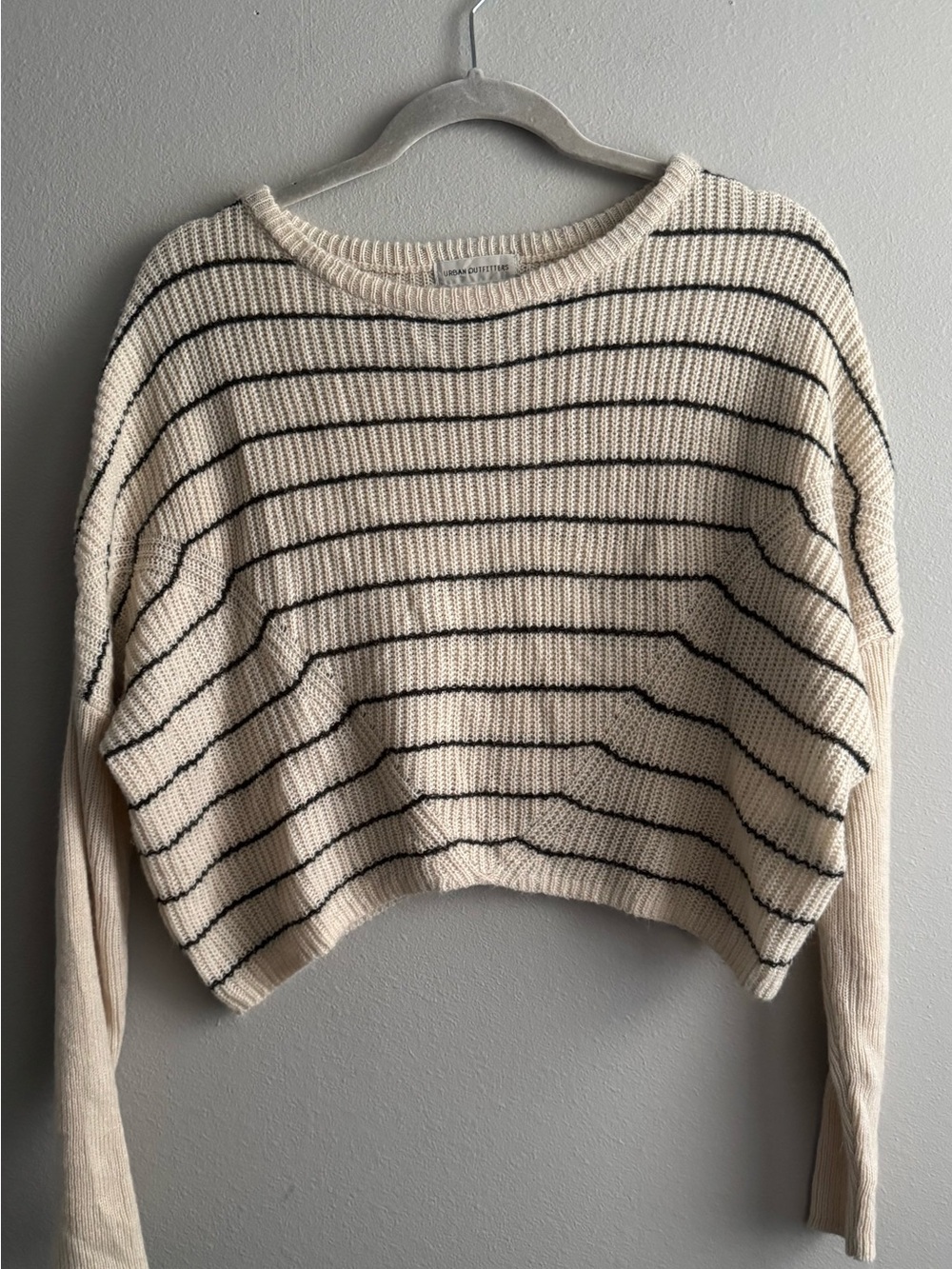 Urban Outfitters Cream and Black Striped Cropped Crew Sweater